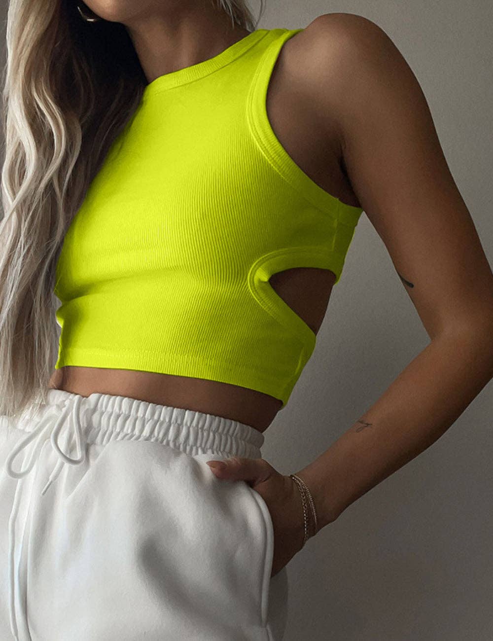 Ladies Rib Knit Back Cut Out Crop Top SKT41193