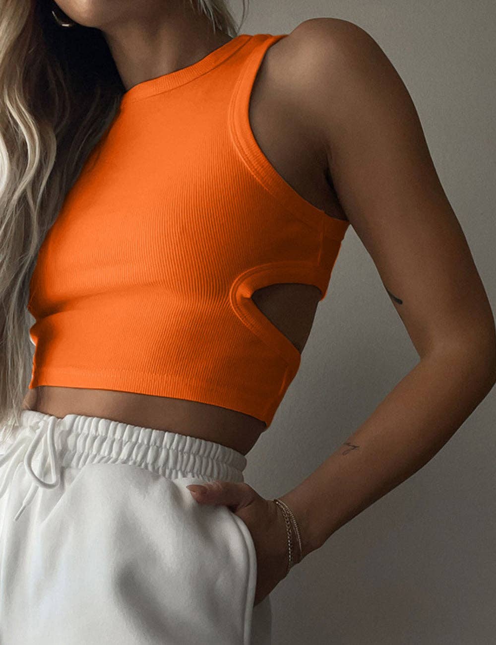 Ladies Rib Knit Back Cut Out Crop Top SKT41193